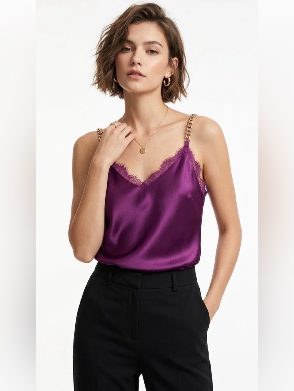 Victoria’s Secret Royal Purple Gold Chain Satin Camisole Lace Y2K Open Back Sexy